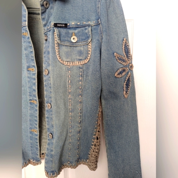 Vintage Bongo Womens (Small/3) Denim/Jean Jacket With Cream Crochet/Stitching - Picture 5 of 16